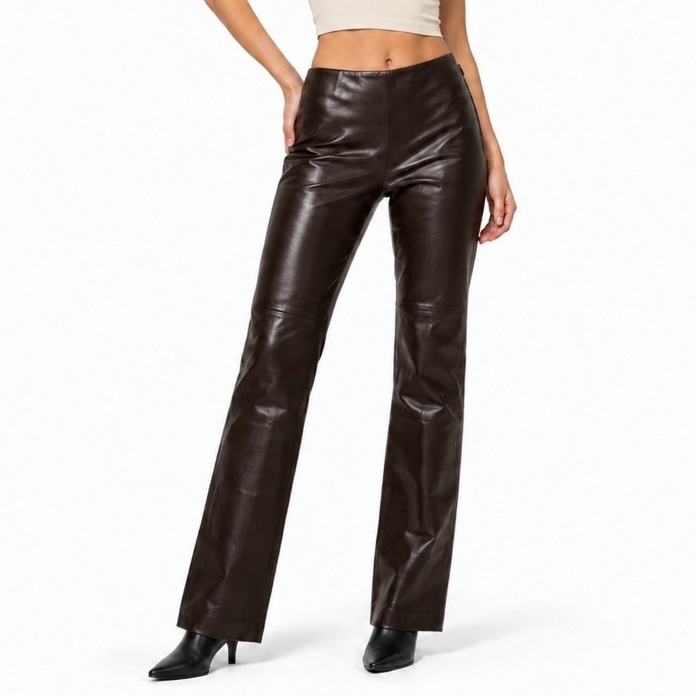 Moda International Leather Pants Womens 6 Tall Dark Brown Straight Leg Side Zip